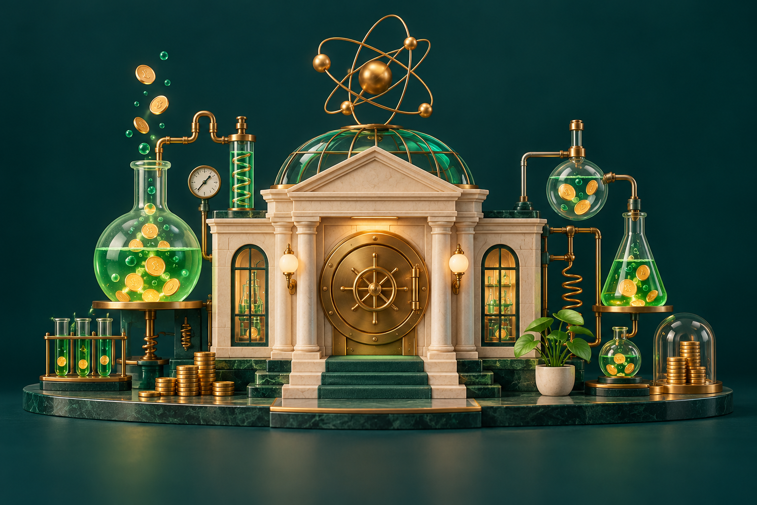 A miniature bank with a golden vault, bubbling green flasks, and stacks of gold coins.